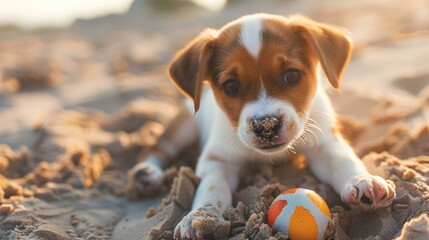 Wall Mural - A puppy playing with a ball img