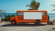 © Zeenat - Sunny beachside with an orange school bus ready for advertising with a blank billboard.