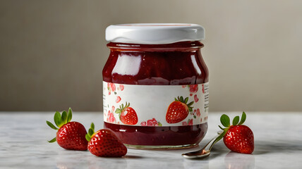 Wall Mural - strawberry jam in a glass jar