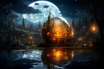Wall Mural - Fantasy Landscape with Temple, Moon and Reflection in Water
