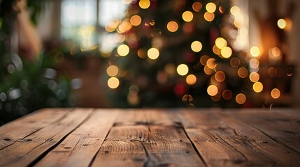 Wood table top and blur of room with a christmas tree on background