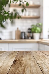 Wooden Counter n Blurred Kitchen Background