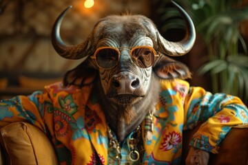 Wall Mural - A Water Buffalo styled in funky fashion with a colorful jacket, casual shirt, and dark shades, against a soft pastel background, AI Generative