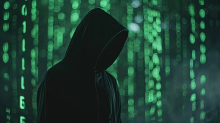 Hacker wear black hoodie at work with a laptop, graphic digital matrix of green numbers and symbols interface background