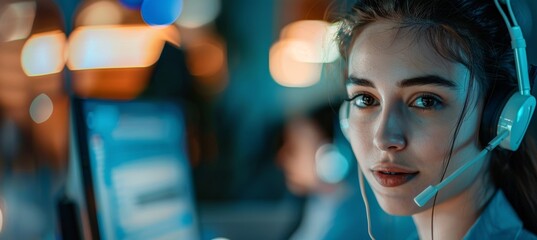 Wall Mural - A young woman working as a call center agent, providing support and assistance to customers over the phone with a headset on, sitting in front of a computer in a modern office environment