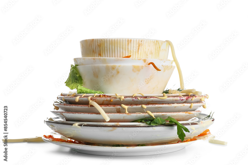 Dirty dishes on white background