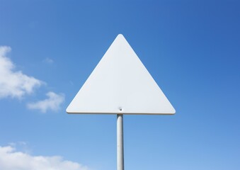 Poster - Blank white triangle warning sign attached metal pole sky outdoors symbol.