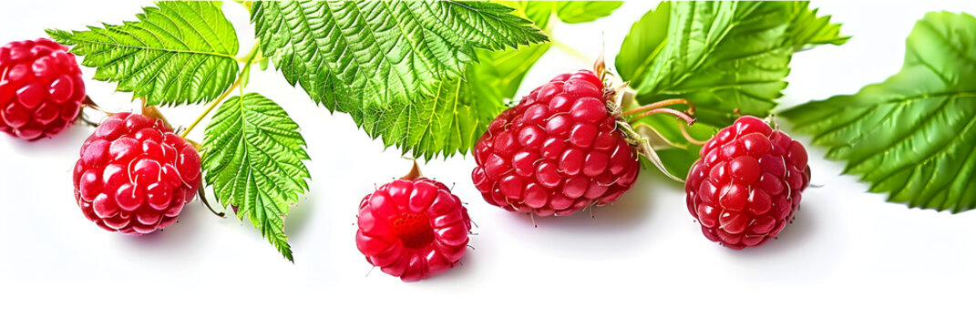 Raspberry with green leaves macro isolated Raspberry on white background closeup. Creative banner. Copyspace image