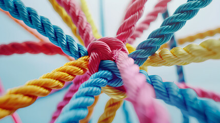 A group of colorful ropes coming together to form a direction arrow. Teamwork concept