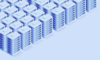 Poster - Data servers - Big data server park with rows of technology towers for network cloud and internet storage. Isometric view vector illustration