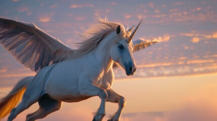 Wall Mural - Majestic white unicorn with wings flying against a colorful sunset sky