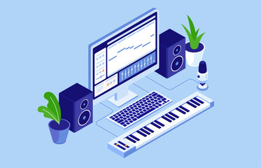 Poster - Making music on computer - Desktop PC screen with music production software on screen, keyboard and speakers. Audio home production concept in flat design isometric view vector illustration