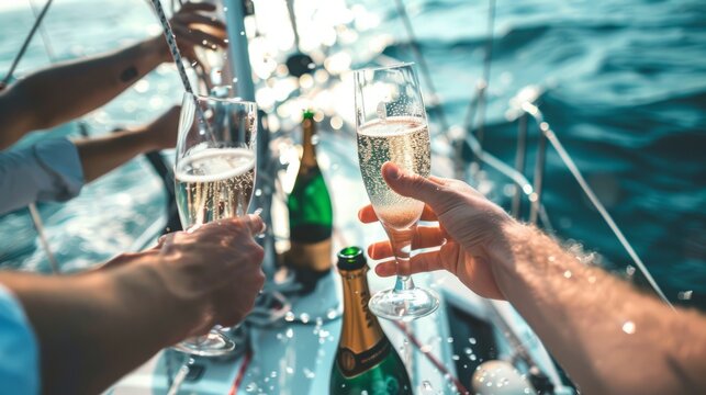 Group of friends relaxing on luxury yacht and drinking champagne. Having fun together while sailing in the sea. Traveling and yachting concept.