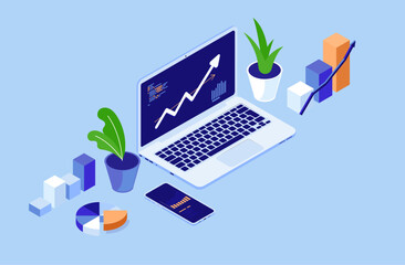 Poster - Financial work on computer - Laptop with rising arrow on screen, graphs and charts. Finances growth and occupation concept in flat design isometric view vector illustration