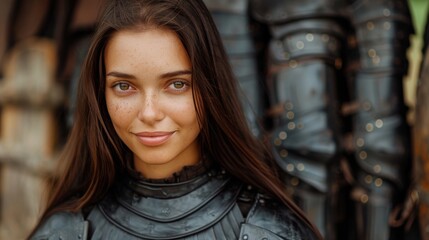 Wall Mural - Smiling young woman with freckles and long brown hair