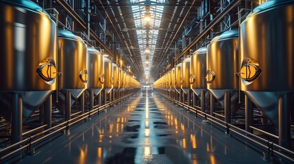 Contemporary brewery facility with rows of steel tanks for beer fermentation and maturation.