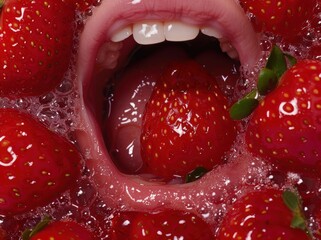 Poster - close-up of open mouth with red strawberries
