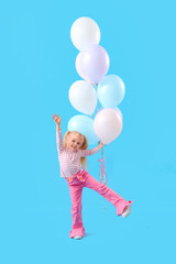 Wall Mural - Cute little girl with beautiful balloons on blue background