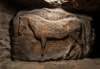 Poster - ancient carved horse sculpture in dark cave