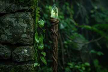 Poster - Glowing crystal on a wooden staff in a lush forest