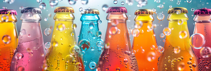 Canvas Print - colorful soda bottles with bubbles and condensation