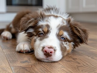 Poster - Adorable puppy resting on wooden floor