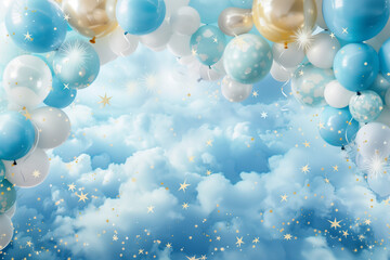 Wall Mural - A blue solid color background. A whimsical and magical scene with a background of ocean themed images and balloons in shades of lots of balloons in shades of blue, white and gold.