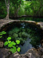 Wall Mural - Serene tropical forest pool with lush greenery