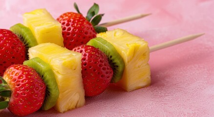 Wall Mural - Delicious Fruit Skewers on Pink Background
