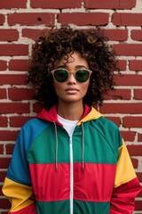 Wall Mural - Stylish young woman with curly hair wearing sunglasses and colorful jacket