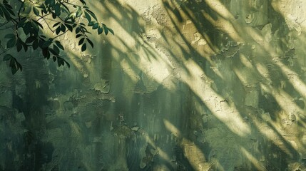 Abstract silhouette of the shadow from the natural leaves of a tree branch on a green concrete wall. Atmospheric video of a sunny summer day.