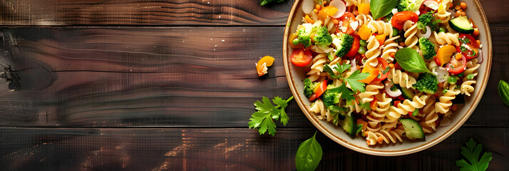 Canvas Print - A top view of a warm appetizer snack for the menu concept featuring a healthy pasta salad with vegetables The image showcases the food with a background and sufficient copy space