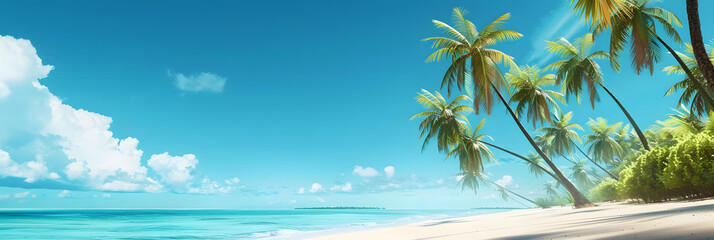 Wall Mural - Coconut trees on sandy beach with blue sky. Creative banner. Copyspace image