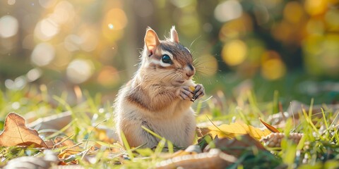 Adorable chipmunk enjoying a corn kernel in a verdant park, with a fluffy tail and tiny paws exuding natural charm and purity.