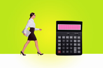 Canvas Print - Sketch image composite artwork photo collage of young woman laptop hold hand office manager walk direction huge calculator count numbers