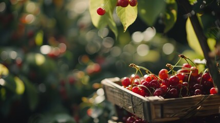 Sticker - Cherry picking, tight focus on cherries in a wooden basket, bright red, early morning light 