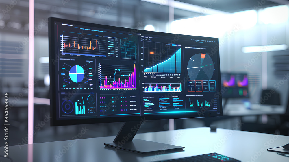 Computer monitor displaying an abstract network monitoring dashboard with real-time data analytics, graphs, and system health indicators