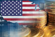 © manassanant - US America flag with stock market finance, economy trend graph digital technology.