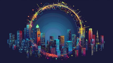 Wall Mural - Circle of digital city icons symbolizing connectivity and modern urban life