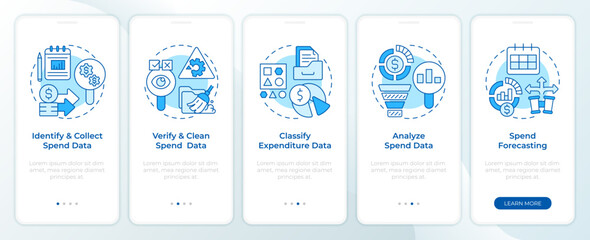 Wall Mural - Spend management strategy blue onboarding mobile app screen. Walkthrough 5 steps editable graphic instructions with linear concepts. UI, UX, GUI template. Montserrat SemiBold, Regular fonts used