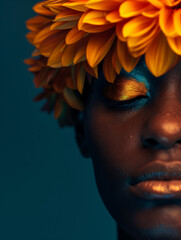 Wall Mural - A close-up portrait of a Latina woman, her face adorned with bold makeup and a traditional Hispanic hairstyle. Vibrant flowers crown her head, symbolizing the rich culture of Hispanic heritage.