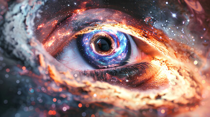 Wall Mural - cosmic eye in galaxies swirls, spiritual stardust cosmic energy universe fantasy vision effect on wh