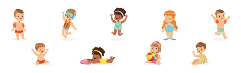 Wall Mural - Small Children Having Fun In Water of the Pool Vector Set