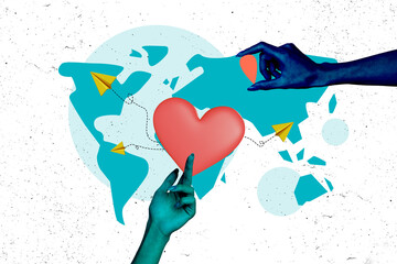 Creative collage of hand hold heart send message valentine day match find love internet world map bizarre unusual fantasy billboard comics