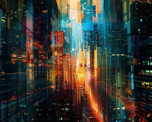 Wall Mural - Explore a futuristic digital cityscape in this abstract artwork, blending vibrant colors and geometric shapes to evoke a sense of innovation and urban dynamism