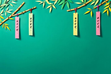 Wall Mural - On bamboo branches hang small pieces of thin colored paper (tandzaku) with wishes written on them, on a green background. Traditional Japanese holiday - Tanabata