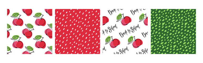 Wall Mural - Back to school seamless pattern set with apple fruit sketch and abstract geometric shapes. Set of four. Hand drawn calligraphy quote. Repeated prints for textile, wrapping paper, wallpaper, packaging.