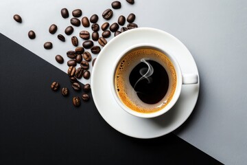Wall Mural - Cup of coffee and beans on black and white background, top view. Space for text