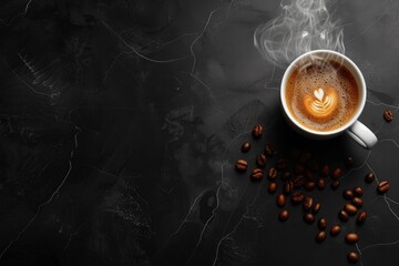 Wall Mural - Cup of coffee and beans on black and white background, top view. Space for text