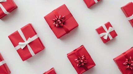 Red gift boxes on white background with white sales